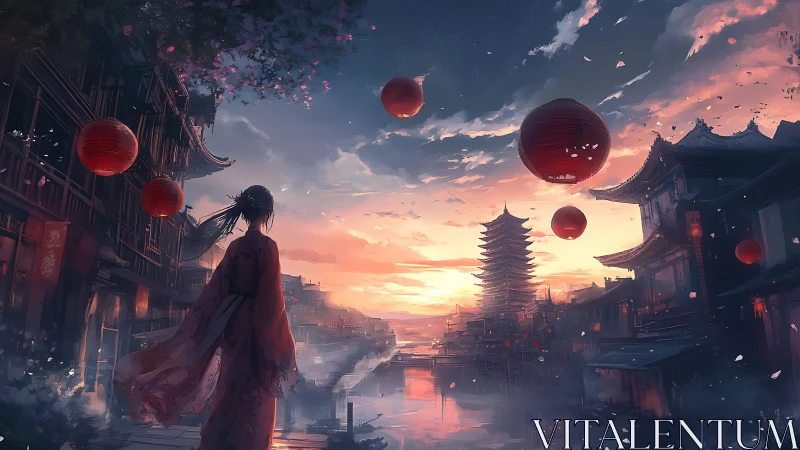 Solitary figure observing lanterns over sunset canal town.