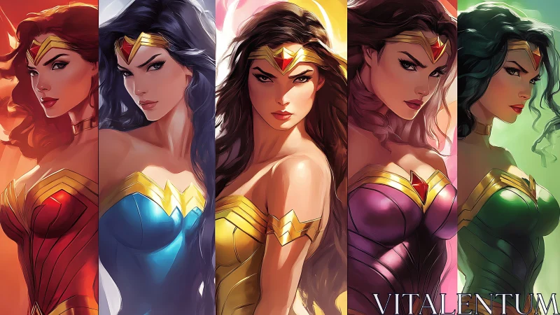 Five heroic women in vibrant costumes, comic book digital art style.