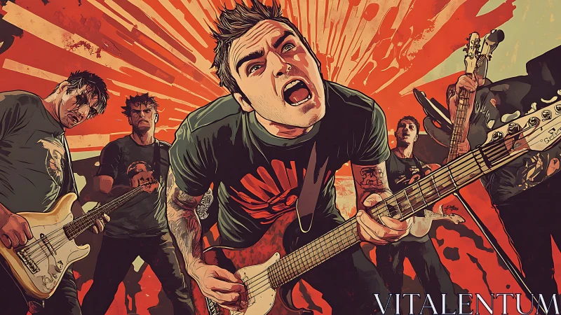 Explosive punk rock band illustration with dynamic guitars.