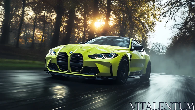 Photorealistic lime BMW coupe on wet forest road at speed.