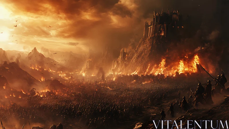 Siege of burning citadel under stormlit crimson sky.