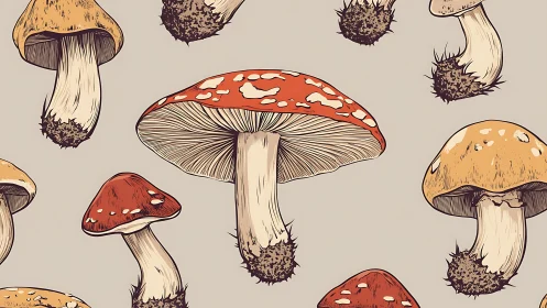 Illustrated mushrooms are arranged in a repeating pattern