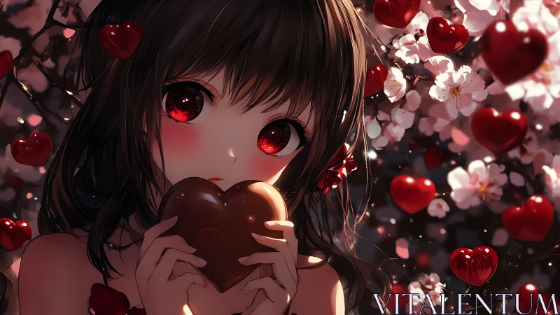 Anime girl with heart-shaped chocolate amid bokeh cherry blossoms