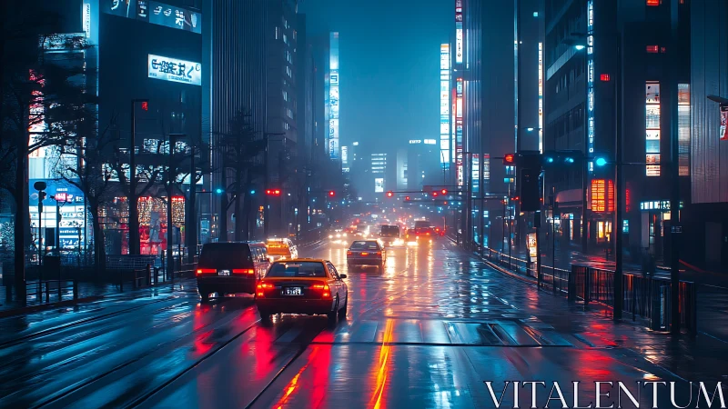 Neon-lit city street shimmers on rainy blue night drive