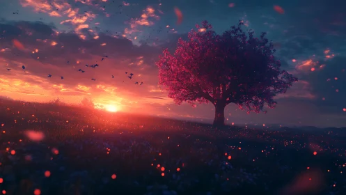 Solitary flowering tree in field under vivid sunset sky.