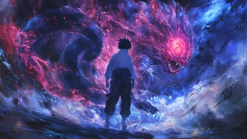 Stormlit warrior facing cosmic spirit of roaring flame.