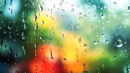Macro raindrops on window with vibrant bokeh garden backdrop