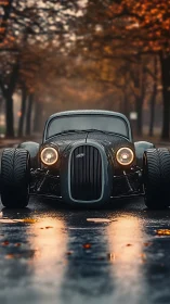 Rain-kissed retro hot rod prowls through amber autumn haze.