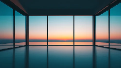 Minimalist glass room overlooks tranquil ocean sunset.