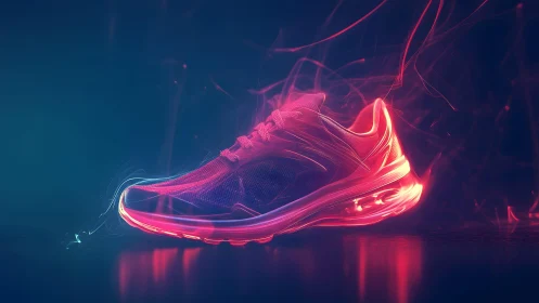 Futuristic Running Shoe in Neon Light Art Style on Dark Background.