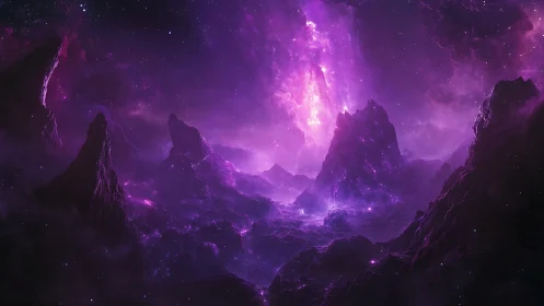 Purple nebula sky illuminates jagged alien mountain landscape