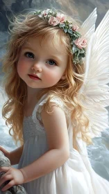 Blonde child angel stands by misty water with flower crown
