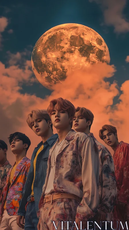 Youth collective under ember moonlit cinematic sky.