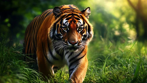 Majestic tiger stalks through sunlit jungle clearing with focus.