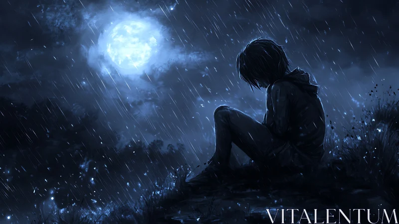 Solitary figure under stormlit moon in deep blue rain