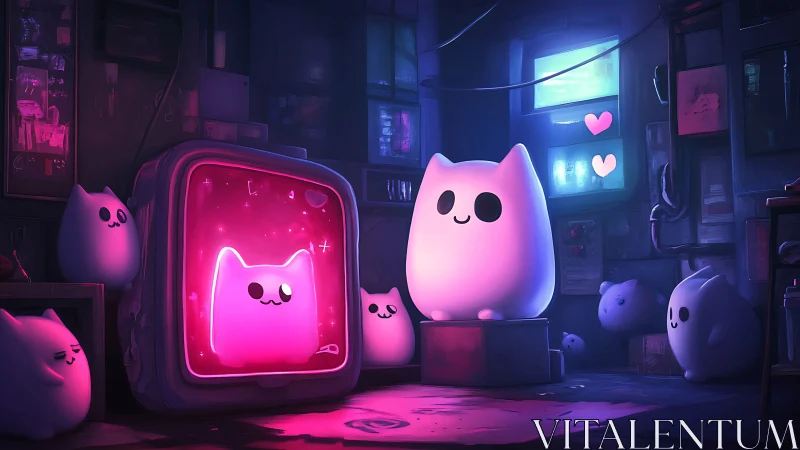 Neon Cat Characters in Cyberpunk Digital Environment.