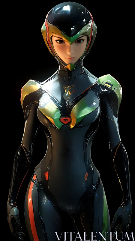 Futuristic female pilot in glossy biomech combat exosuit.