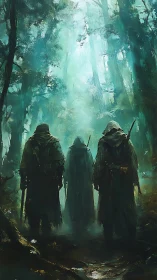 Cloaked wanderers cross a mistlit forest of whispered secrets.