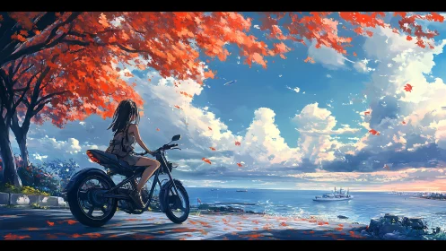 Girl on coastal motorcycle pause beneath fiery autumn sky.