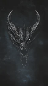 Monochrome demonic dragon head rendered as dark digital sigil