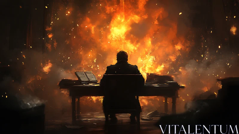 Pianist composing amid inferno of creative fire and chaos.