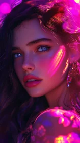 Digital portrait shows young woman in neon violet lighting