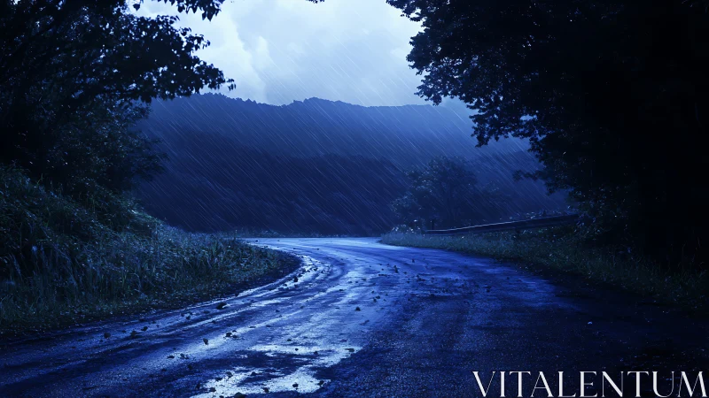 Wet rural road in nighttime rainfall under dense tree cover.