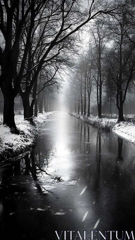 Winter canal whisper beneath bare trees in soft grayscale.