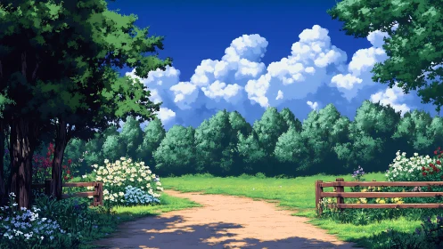 Anime pastoral path with layered foliage and cloud massing.
