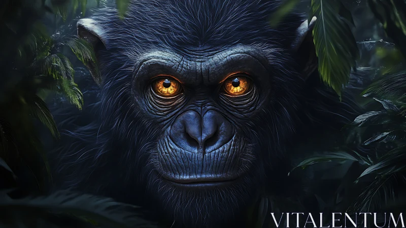 Primate portrait with luminous eyes in dense jungle setting.