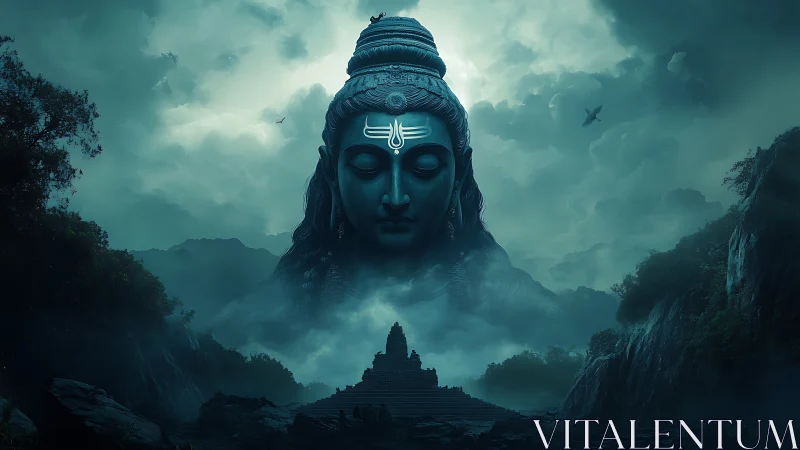 Colossal meditative deity head rises above misty mountain temple