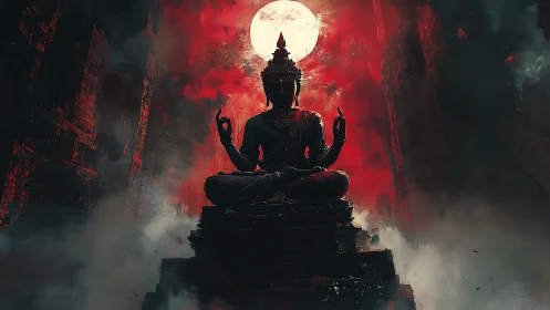 Meditating Buddha silhouette holds stillness before blood moon