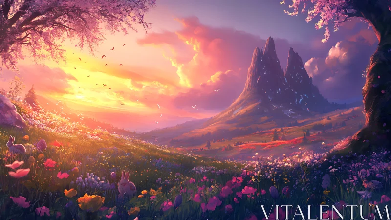 Sunset meadow of blossoms and gentle mountain guardians.