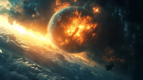 Shattered fiery planet over storm clouds in cosmic dusk.