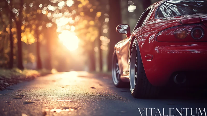 Low-angle red sports car rendered in warm cinematic backlight