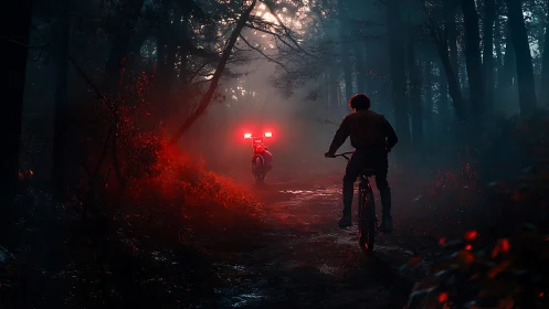 Cyclist follows glowing red lights on misty forest trail.