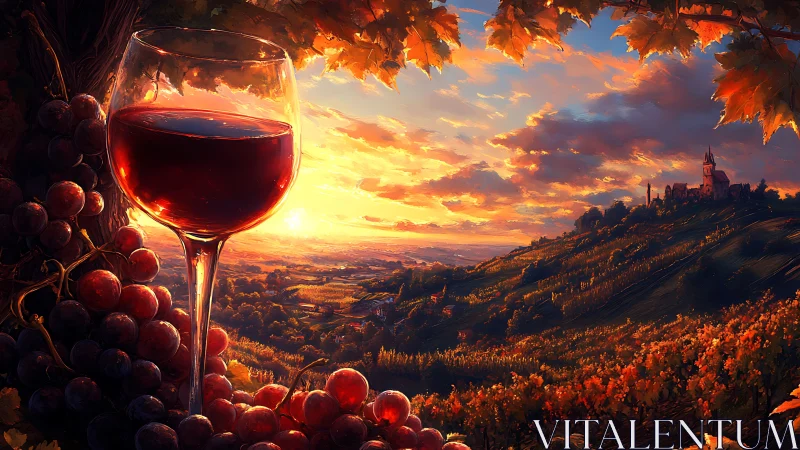Digital painting of vineyard sunset with wine glass focal point.