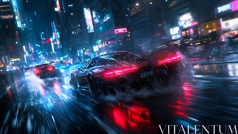 Supercar slices neon rain through electric night city street.