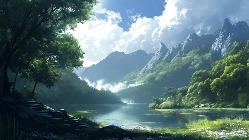 Mountain lake valley under bright clouds and sunlight.