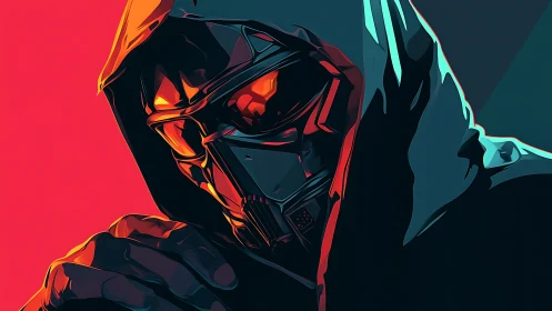 Hooded cyber assassin emerges in bold neon shadows.