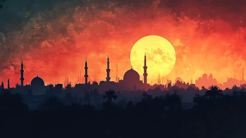 Silhouetted domes and minarets against large setting sun.