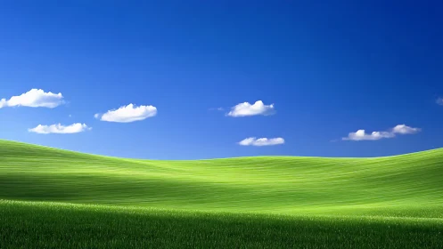 Rolling emerald hills under storybook blue summer sky.