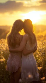 Two Girls Embracing at Golden Hour in Wildflower Field