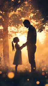Father and daughter bond silhouetted in golden sunset glow.