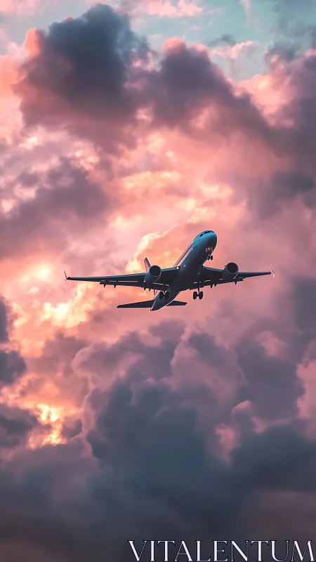 Narrow‑body jetliner ascending through iridescent cumulonimbus sky.