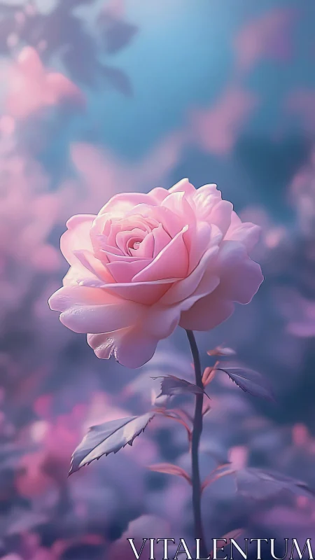 Dreamlit rose rising in misty pastel twilight garden.