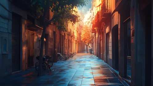 Sunlit European alleyway glows after gentle rainfall.