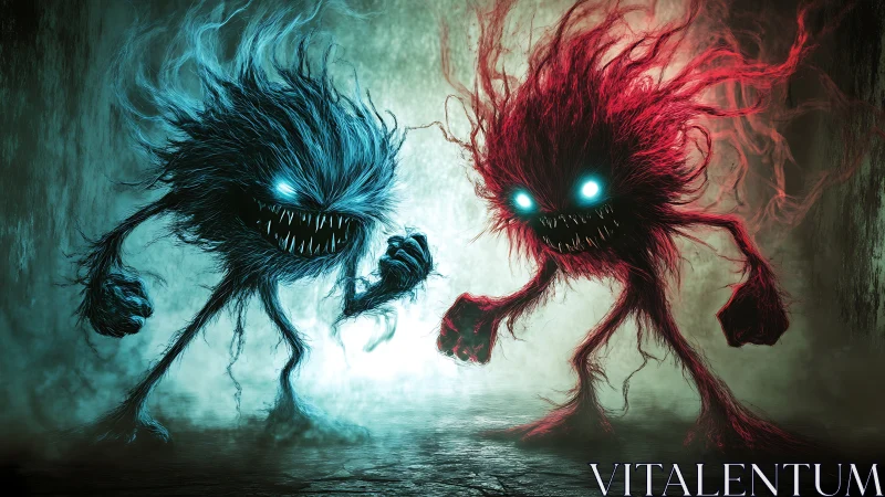 Blue and red furry monsters face off in eerie tunnel