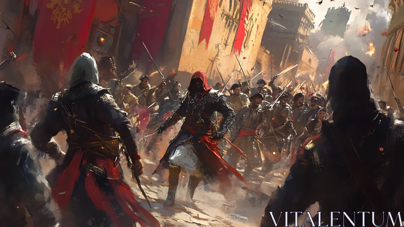 Hooded assassins confronting armored soldiers in burning citadel