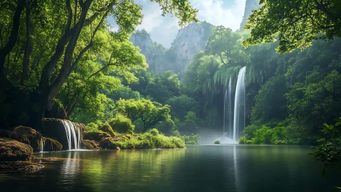 Tranquil forest waterfalls welcoming you into soft green light.